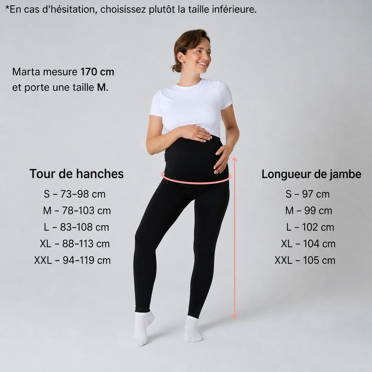 Guide des tailles du legging de grossesse Lynelia : tour de hanches et longueur de jambe
