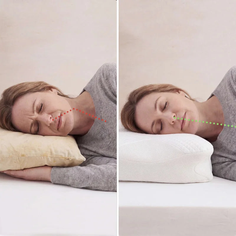 Comparaison visuelle entre un oreiller classique et un oreiller ergonomique